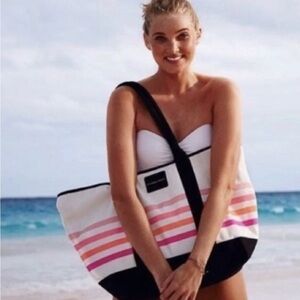 Victoria's Secret Sunkissed Large Canvas Tote Beach Bag Stripe Pink White Orange